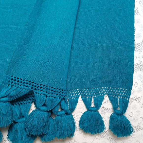 Vintage Handwoven Blanket Shawl Teal Blue Green Large Tassels 27" × 42" - Picture 6 of 7